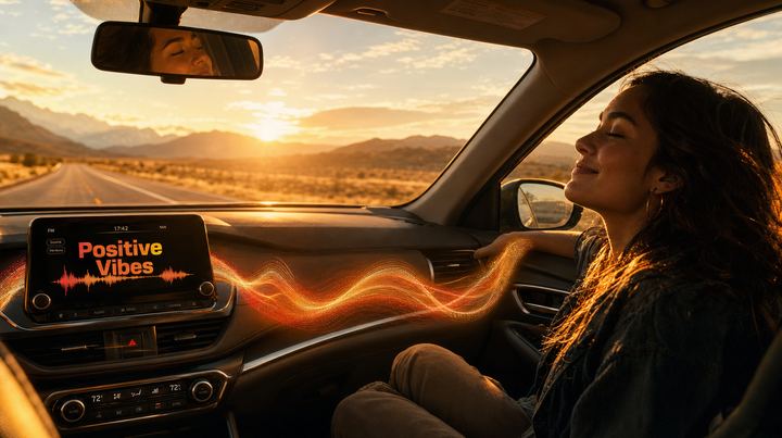 A listener driving at sunset with Positive Vibes on the dashboard screen