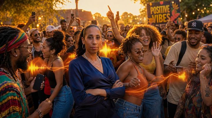TrayLou in the middle of a joyful crowd at an outdoor street gathering