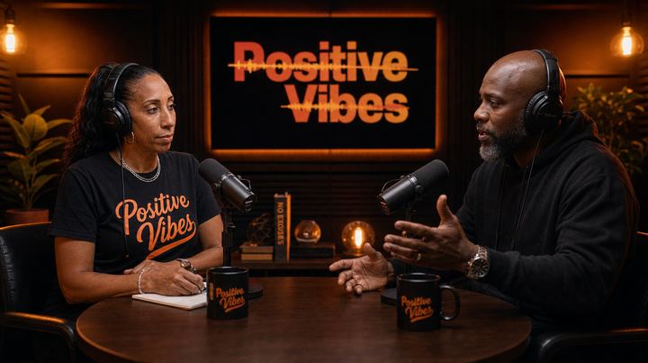 TrayLou interviewing a guest at the Positive Vibes VibeCast table, both in headphones