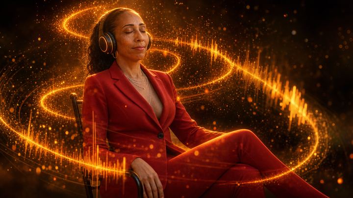 TrayLou with headphones and eyes closed, wrapped in glowing sound waves