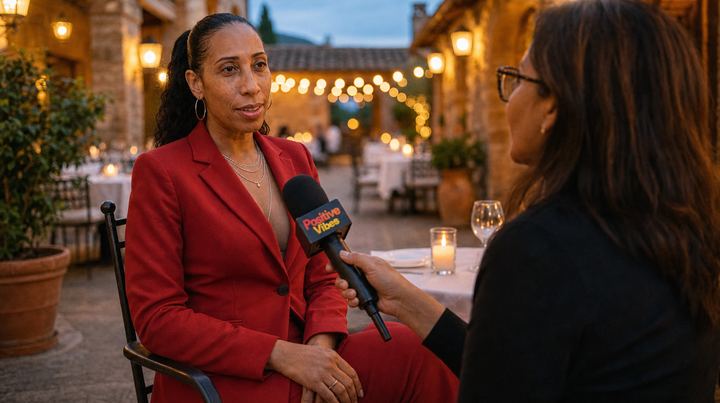 TrayLou being interviewed with a Positive Vibes microphone on a lantern-lit patio