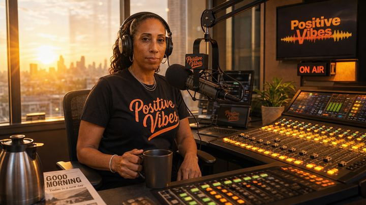 TrayLou in a Positive Vibes T-shirt at the studio console with a cup of coffee at sunrise