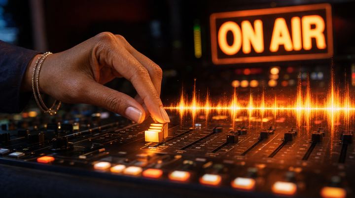 A hand pushing up a fader on the mixing console under a glowing On Air sign