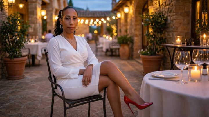 TrayLou in a white dress seated on a candlelit patio