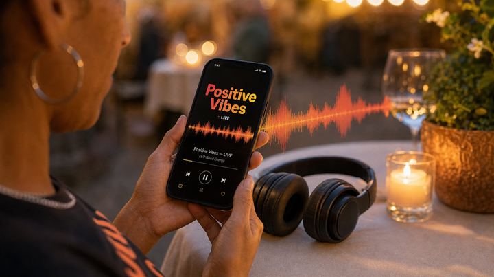 A listener holding a phone playing Positive Vibes live