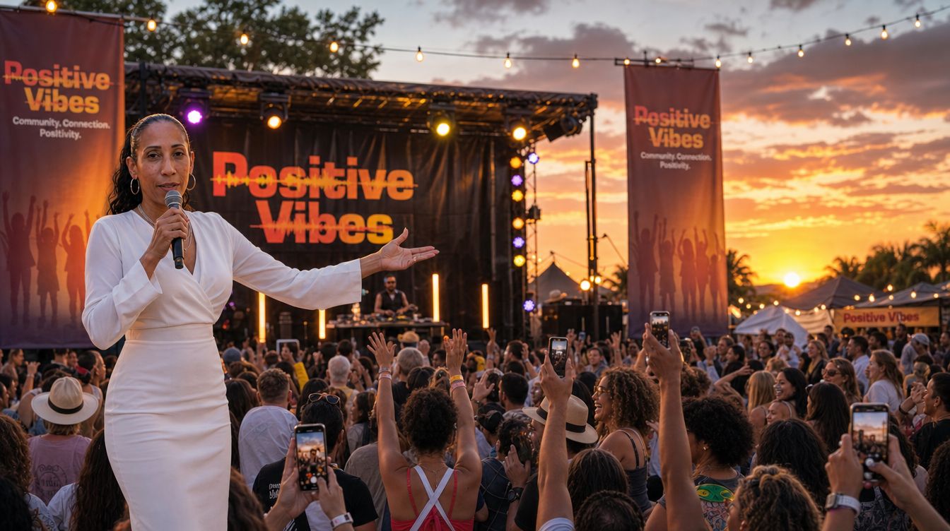 TrayLou on stage with a microphone at a sunset Positive Vibes community event, crowd cheering under Positive Vibes banners