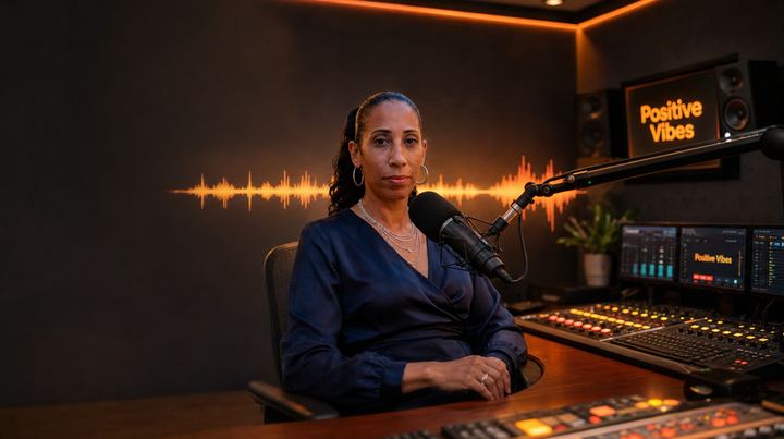 TrayLou at the studio desk with the Positive Vibes screens behind her
