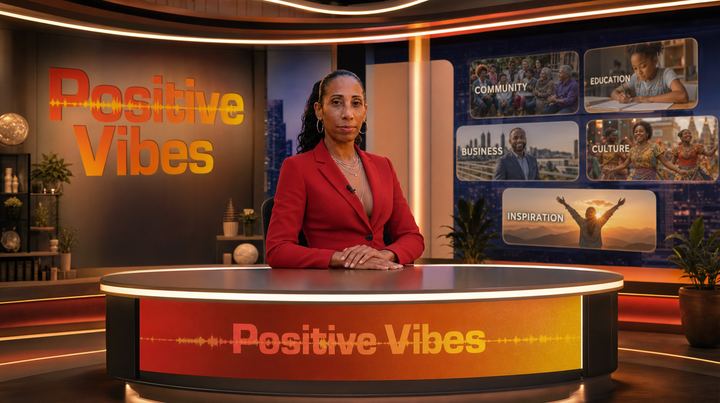TrayLou in a red blazer at the Positive Vibes news desk